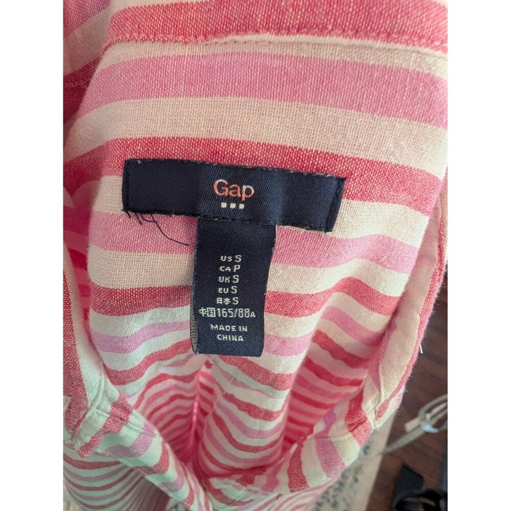 Gap Pink and White Striped Linen Cotton Blend Popover Top w/ Roll Tab Sleeves: S - Picture 5 of 11